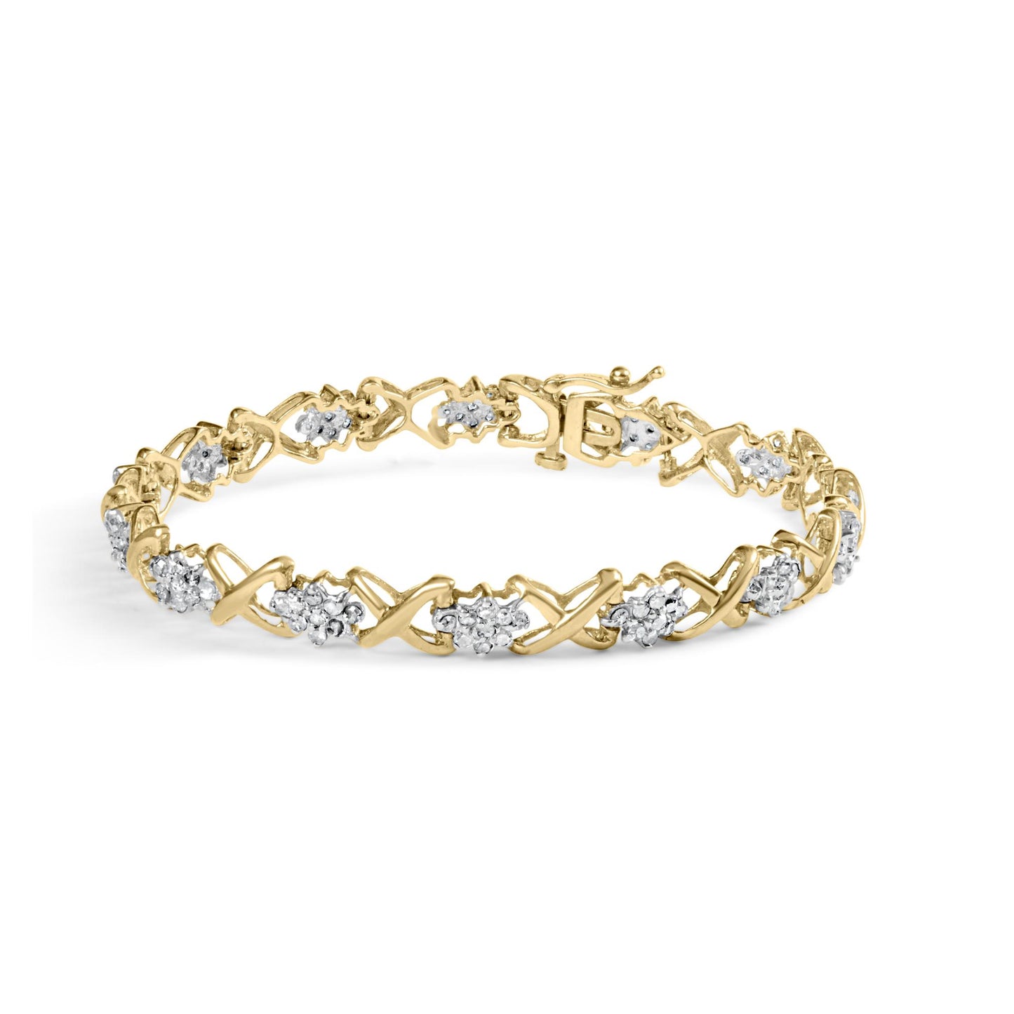 Yellow metal bracelet featuring alternating X-shaped links and clusters of round white gemstones in prong settings, shown in a close-up angled side view.