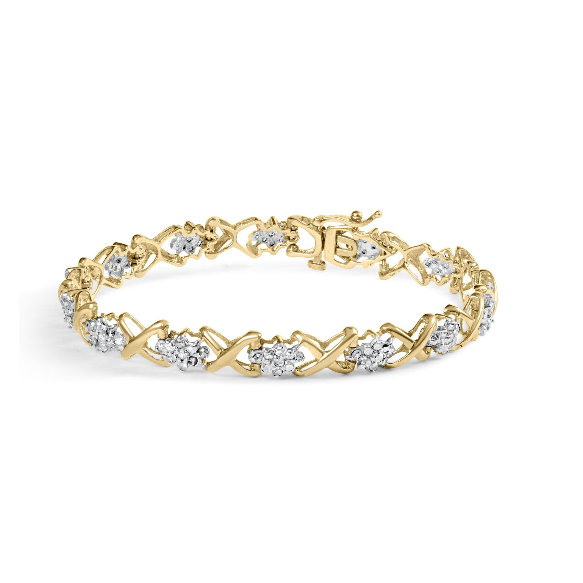 Yellow metal bracelet featuring alternating X-shaped links and clusters of round white gemstones in prong settings, shown in a close-up angled side view.