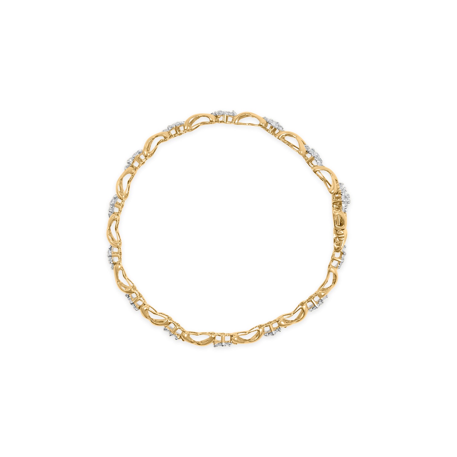 Top-down view of a yellow metal bracelet with alternating open loop links and clusters of small white gemstones in prong settings.