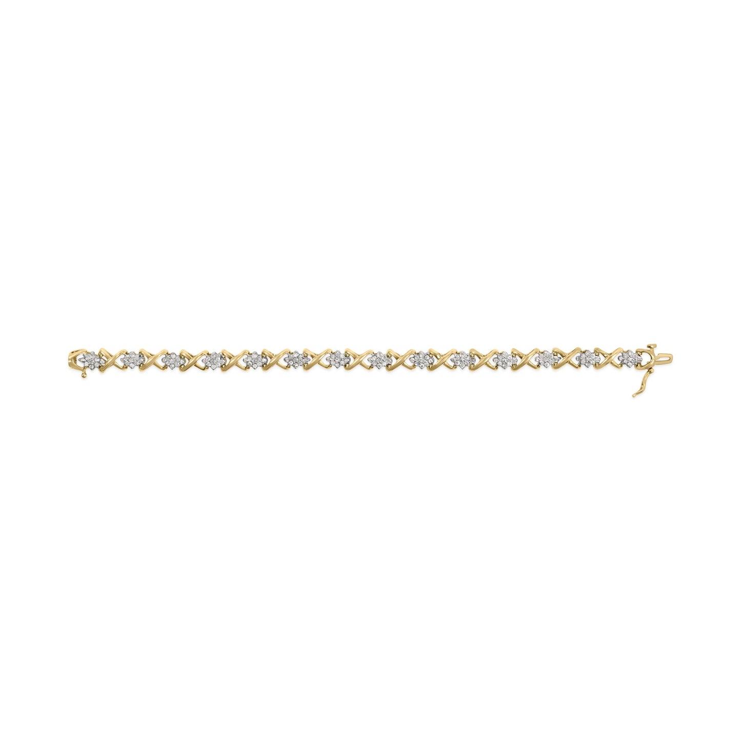 Yellow metal bracelet with round white gemstones in prong settings, laid flat in a top-down view.