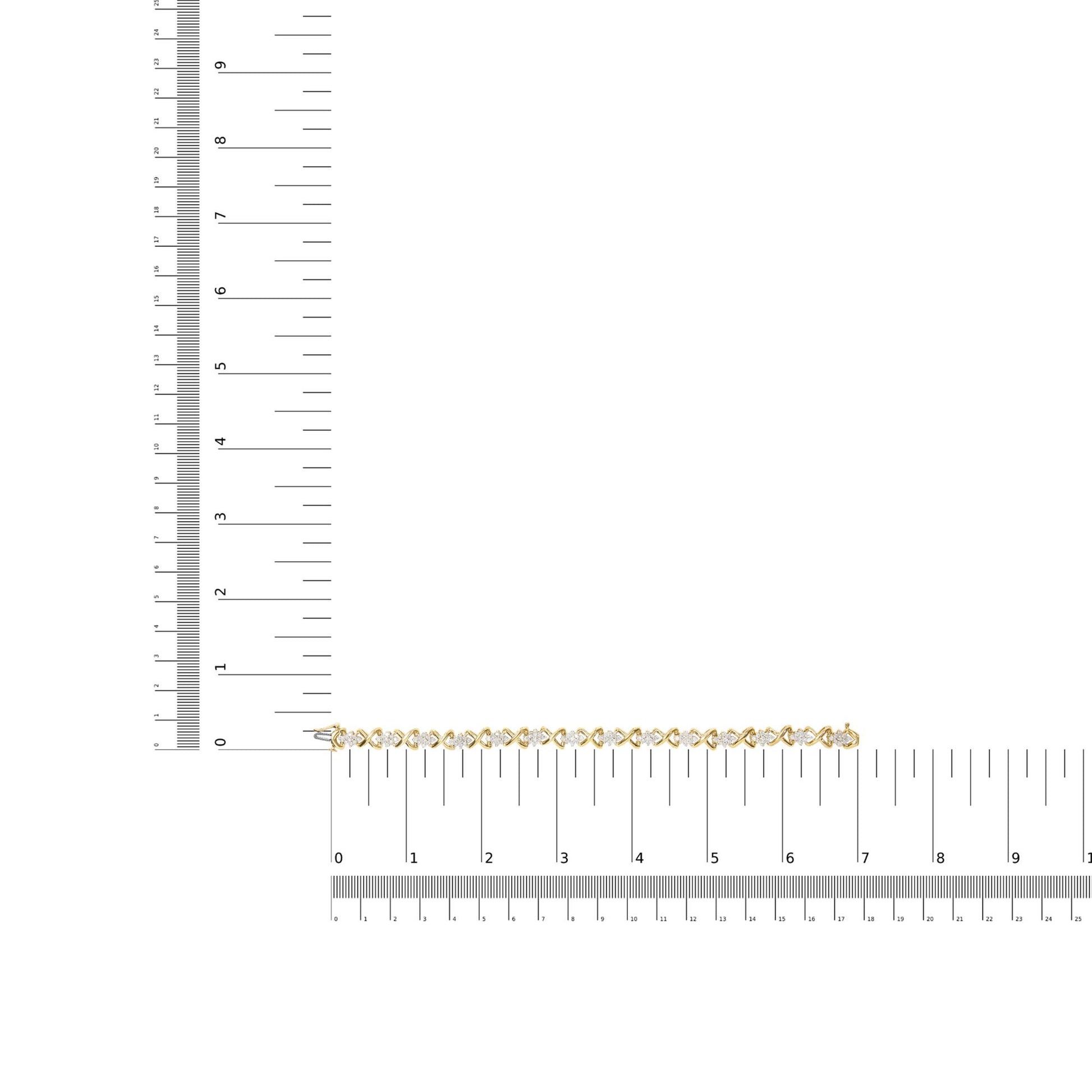 Yellow bracelet with round white gemstones in prong settings, laid flat on a ruler for size reference, top-down angle.