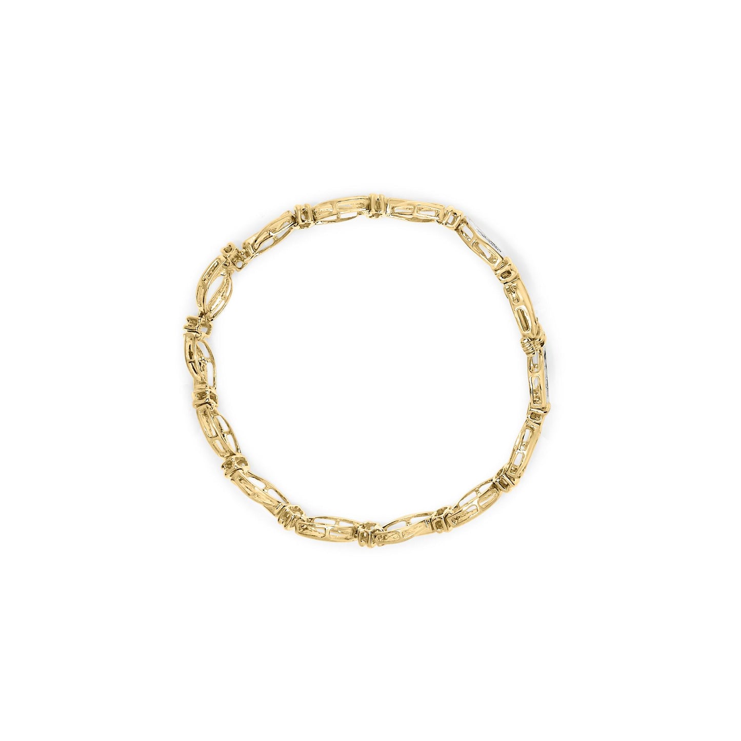 Top-down view of a yellow and white metal bracelet with alternating linked segments and white gemstones in channel settings.