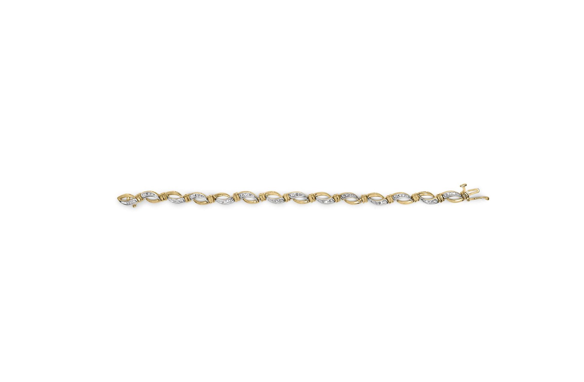 Bracelet with alternating yellow and white metal links featuring round white gemstones in channel settings, shown in a top-down view.