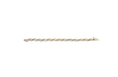 Bracelet with alternating yellow and white metal links featuring round white gemstones in channel settings, shown in a top-down view.