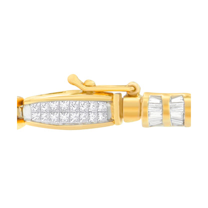 Close-up side view of a yellow metal bracelet clasp featuring rows of white princess-shaped gemstones in invisible setting and baguette-shaped gemstones in channel setting.