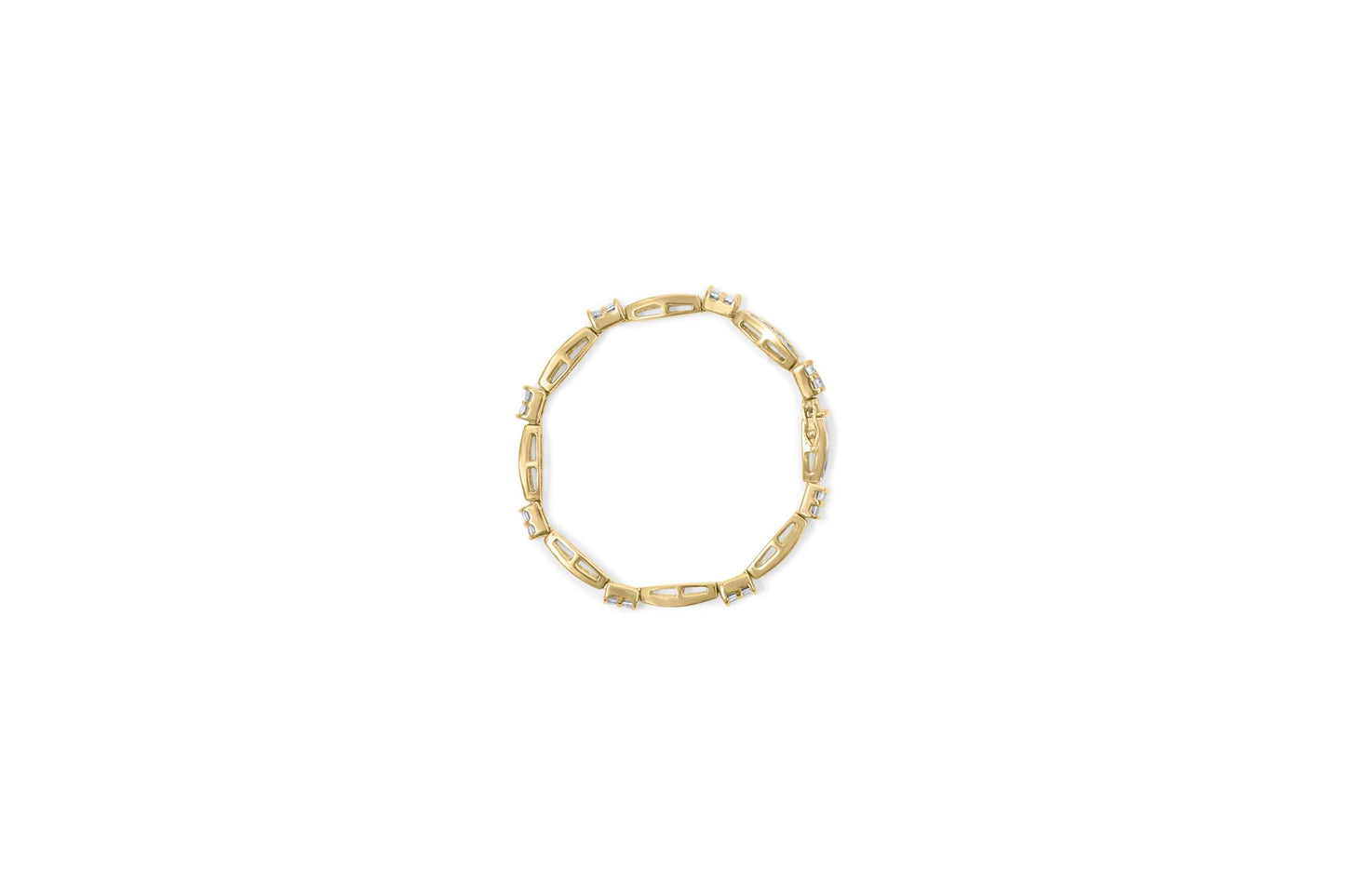 Top-down view of a yellow metal bracelet featuring alternating links with white baguette shape gemstones in channel settings and white princess shape gemstones in invisible settings.