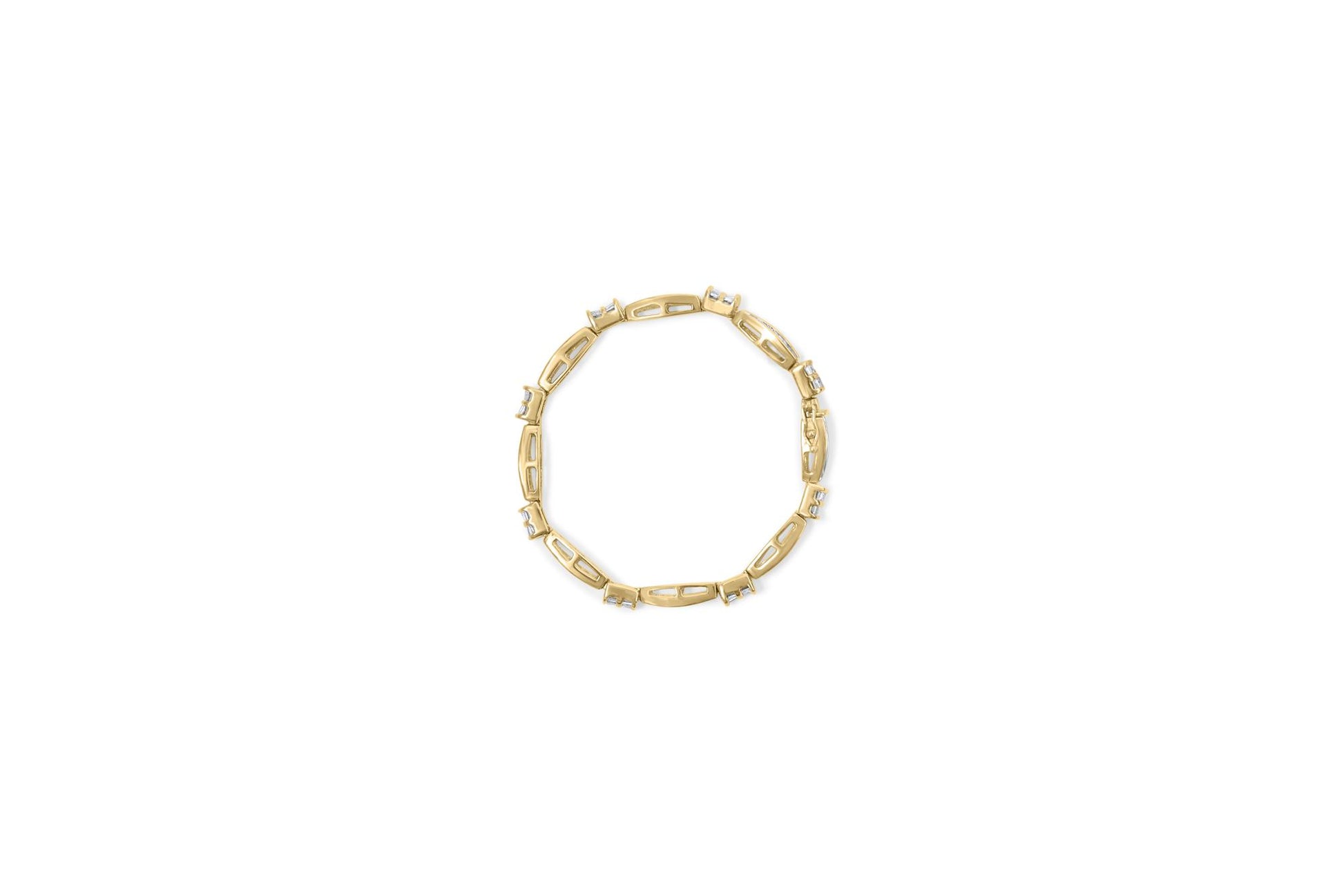 Top-down view of a yellow metal bracelet featuring alternating links with white baguette shape gemstones in channel settings and white princess shape gemstones in invisible settings.