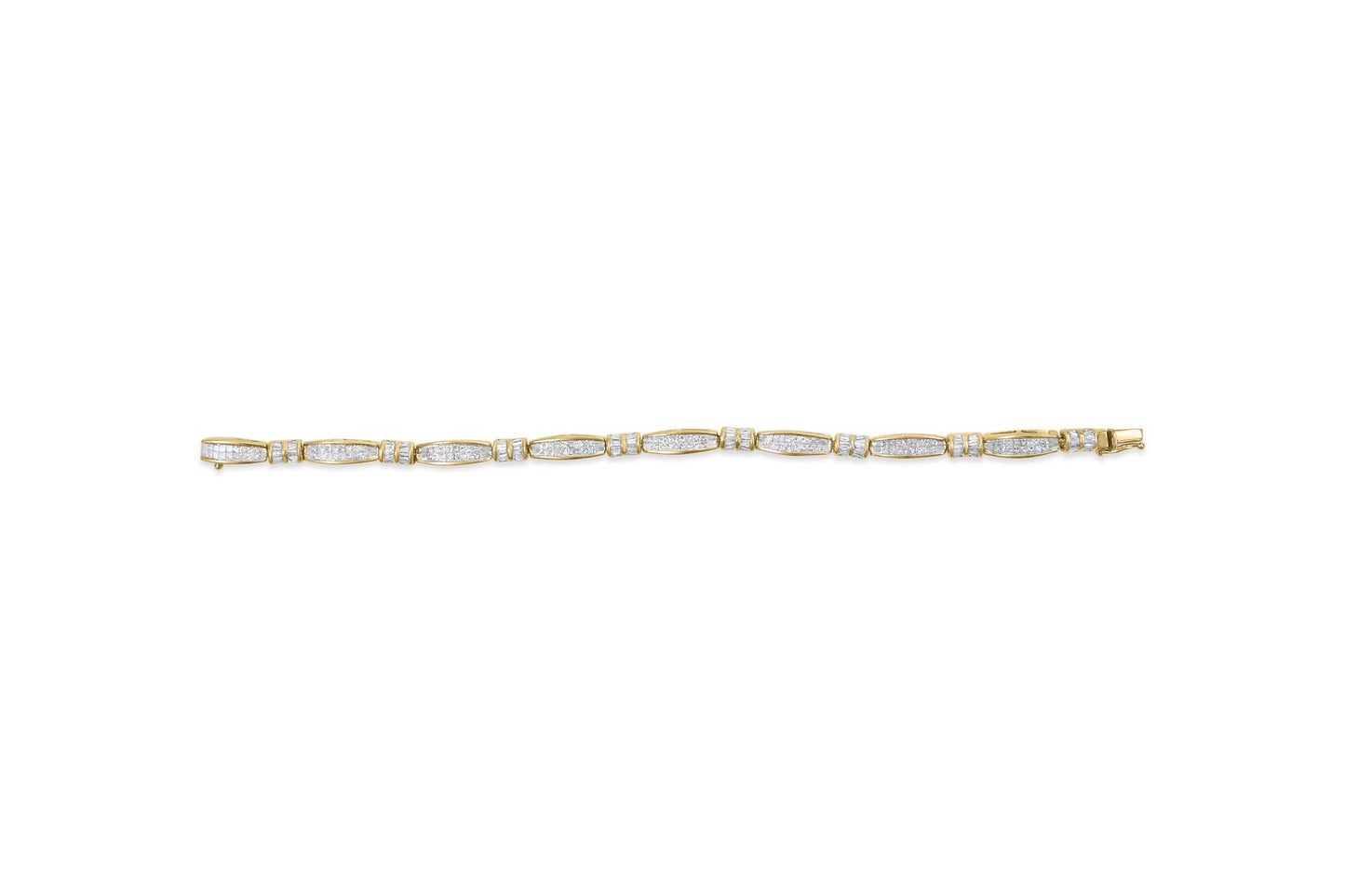 Yellow metal bracelet with alternating baguette-shaped white gemstones in channel setting and princess-shaped white gemstones in invisible setting, shown from a top-down angle on a white background.