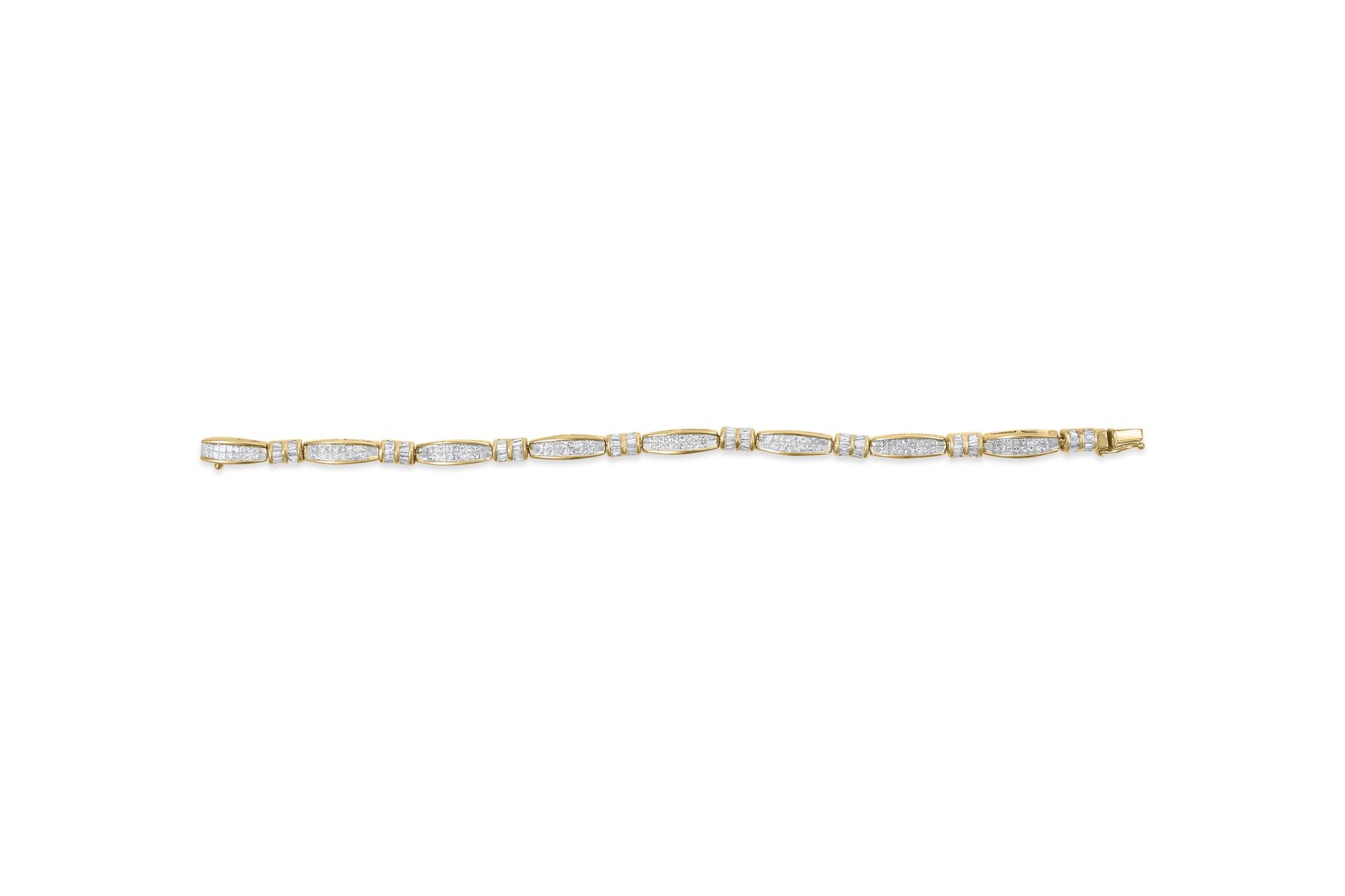 Yellow metal bracelet with alternating baguette-shaped white gemstones in channel setting and princess-shaped white gemstones in invisible setting, shown from a top-down angle on a white background.