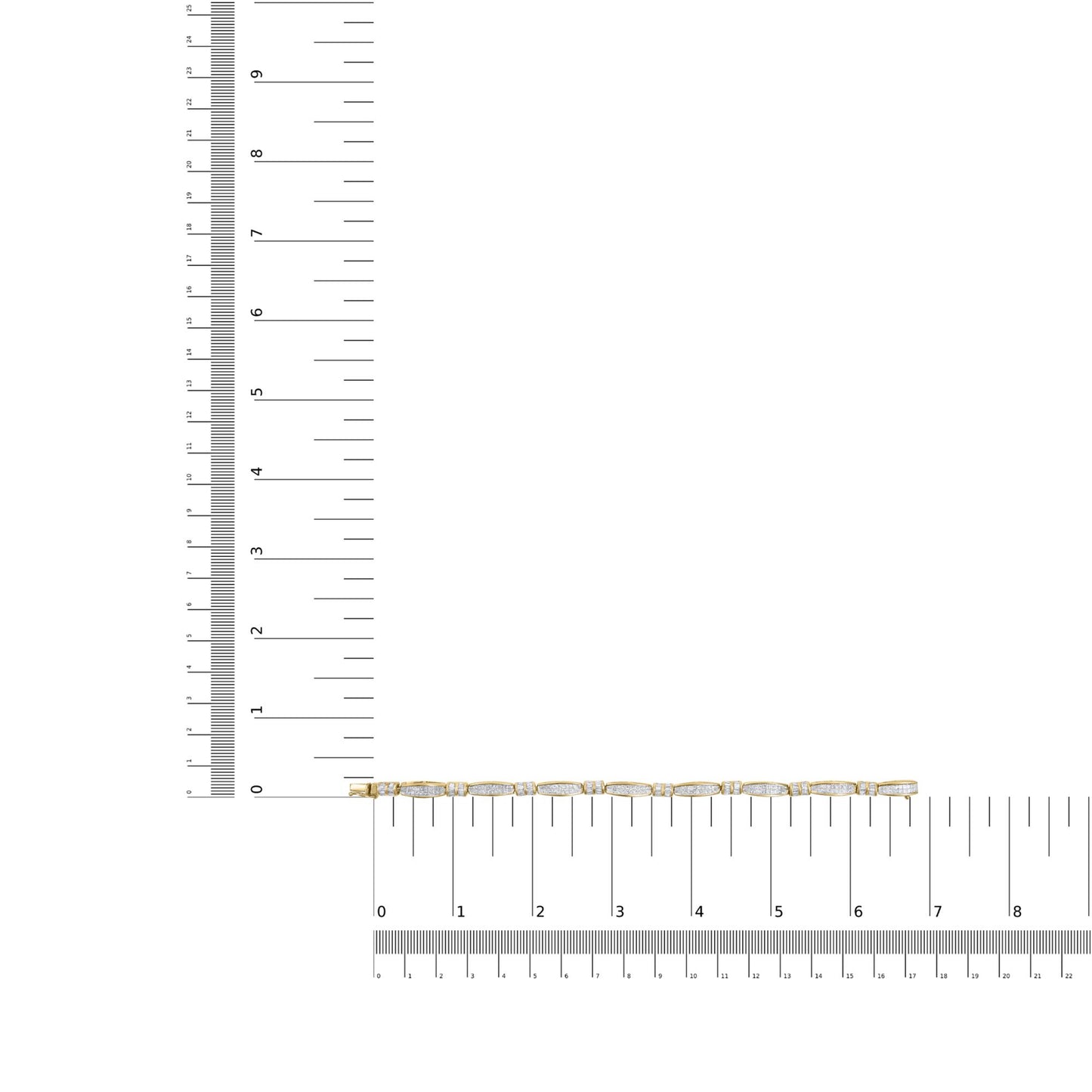 Yellow metal bracelet with alternating baguette and princess shape white gemstones, shown lying flat on intersecting rulers for size reference, top-down angle.