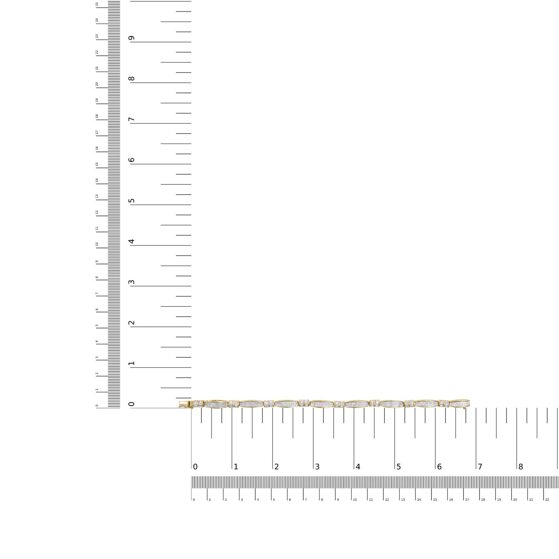 Yellow metal bracelet with alternating baguette and princess shape white gemstones, shown lying flat on intersecting rulers for size reference, top-down angle.