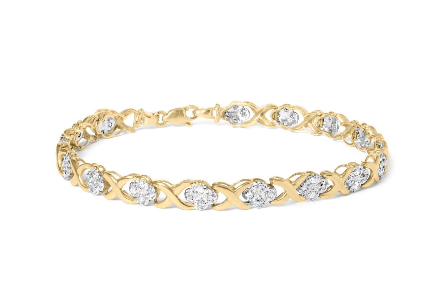Yellow bracelet with round white gemstones in pave setting, shown from a slight side angle on a white background.