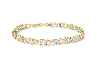 Yellow bracelet with round white gemstones in pave setting, shown from a slight side angle on a white background.