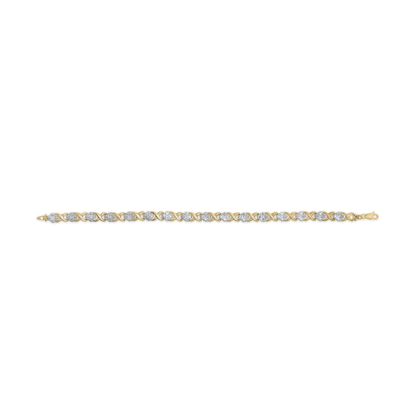 Top-down view of a yellow bracelet with alternating round white gemstones in pave setting and X-shaped links.
