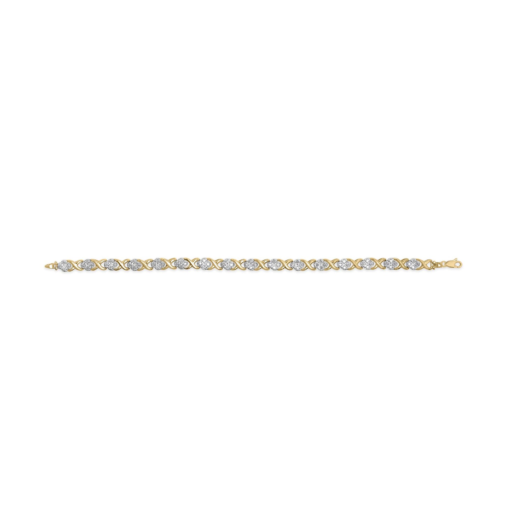 Top-down view of a yellow bracelet with alternating round white gemstones in pave setting and X-shaped links.