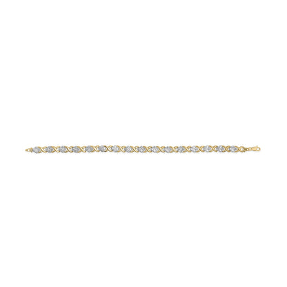 Top-down view of a yellow bracelet with alternating round white gemstones in pave setting and X-shaped links.