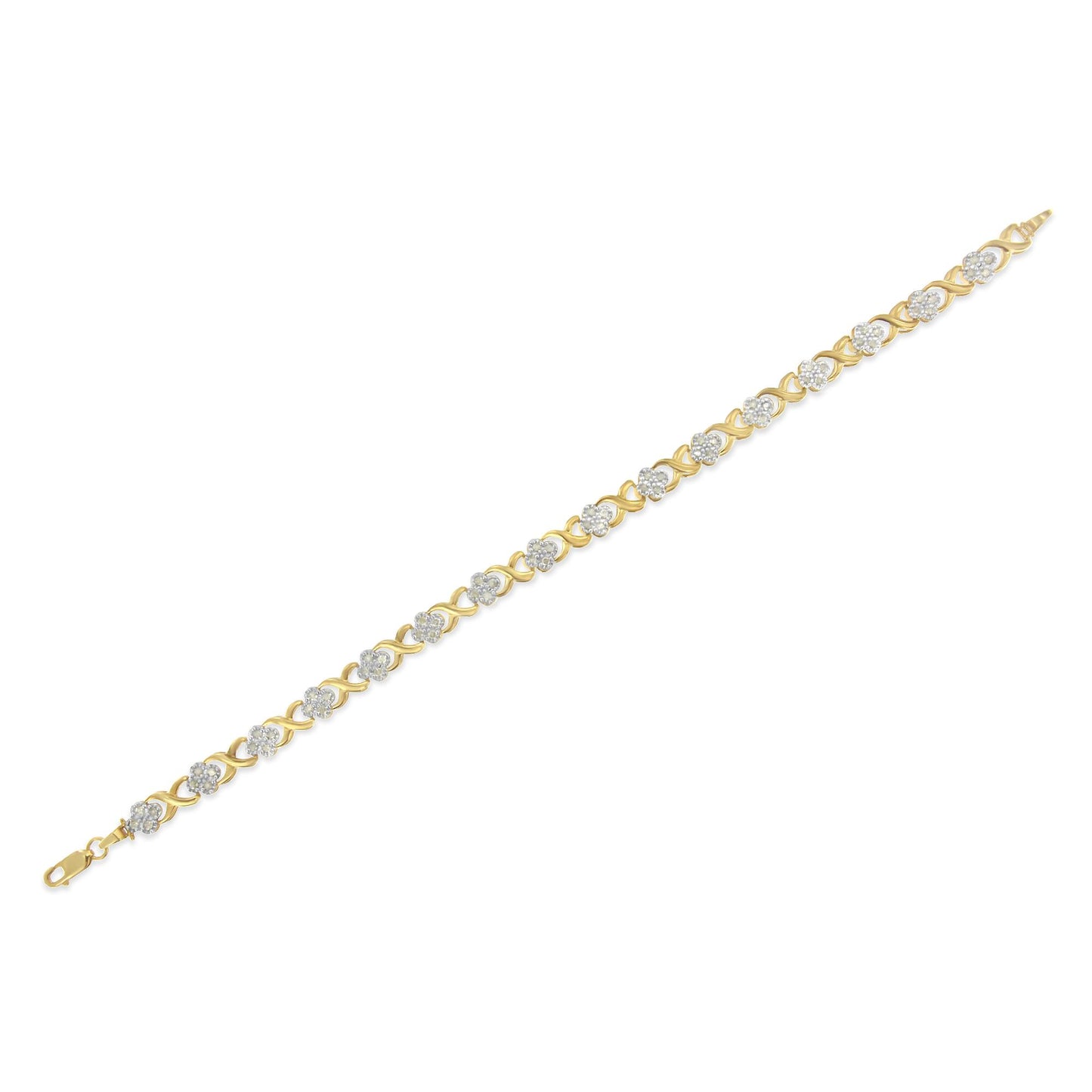 Yellow metal bracelet with round white gemstones in pave setting, shown flat from an angled top view.
