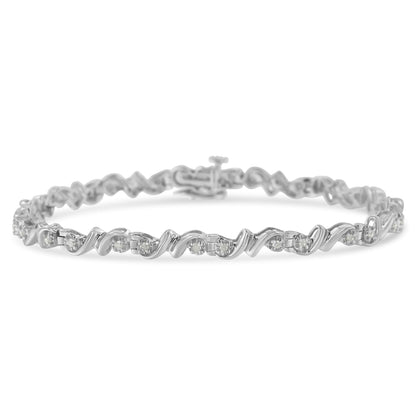 White metal bracelet with alternating round white gemstones set in a wavy pattern, shown in a close-up front angle.