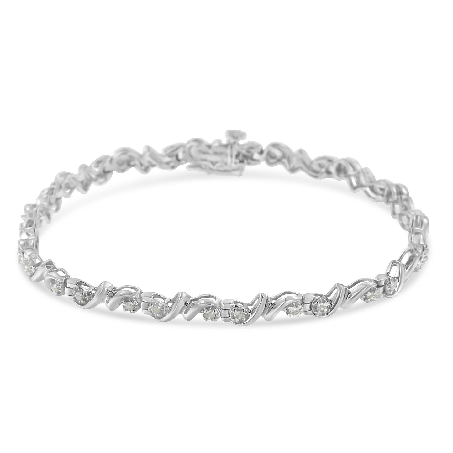 White metal bracelet with alternating twisted links and round white gemstones in miracle settings, shown from a front angle.