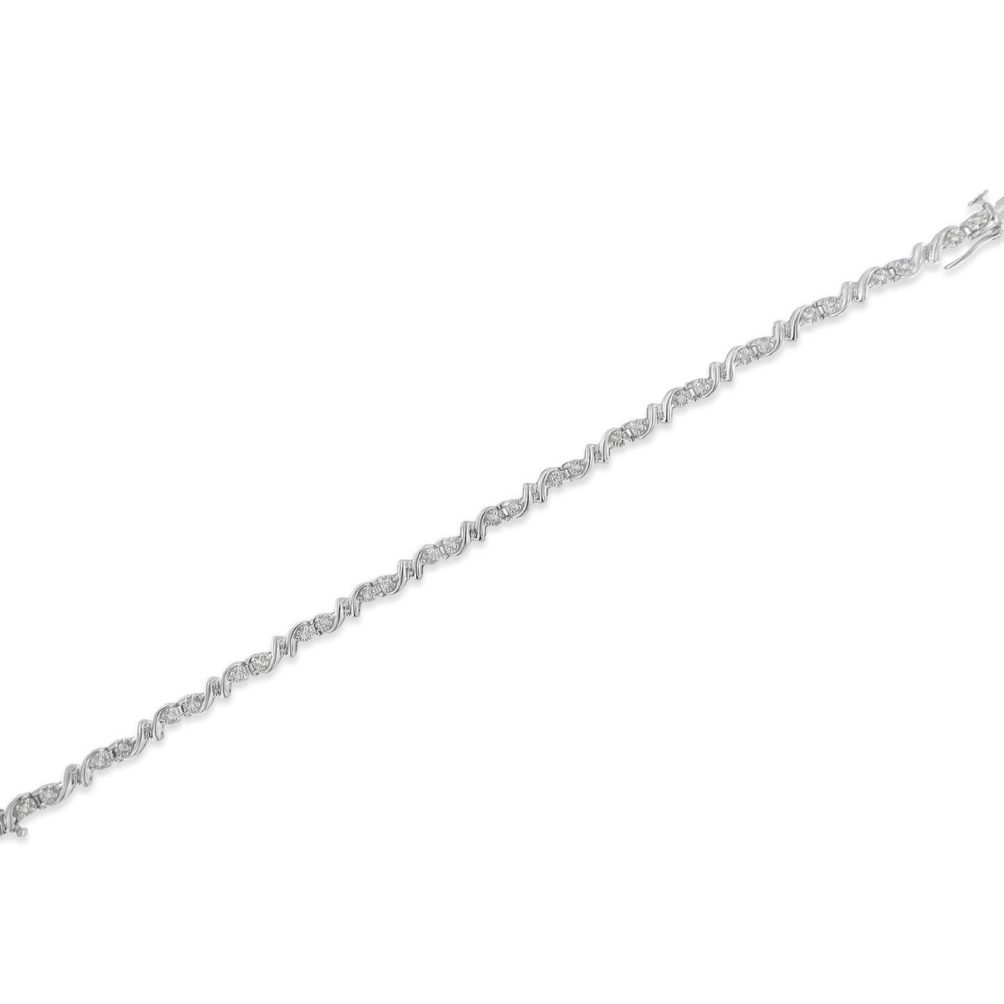 Diagonal top-down view of a white metal bracelet featuring alternating sections of twisted links and clusters of round white gemstones in a miracle setting.