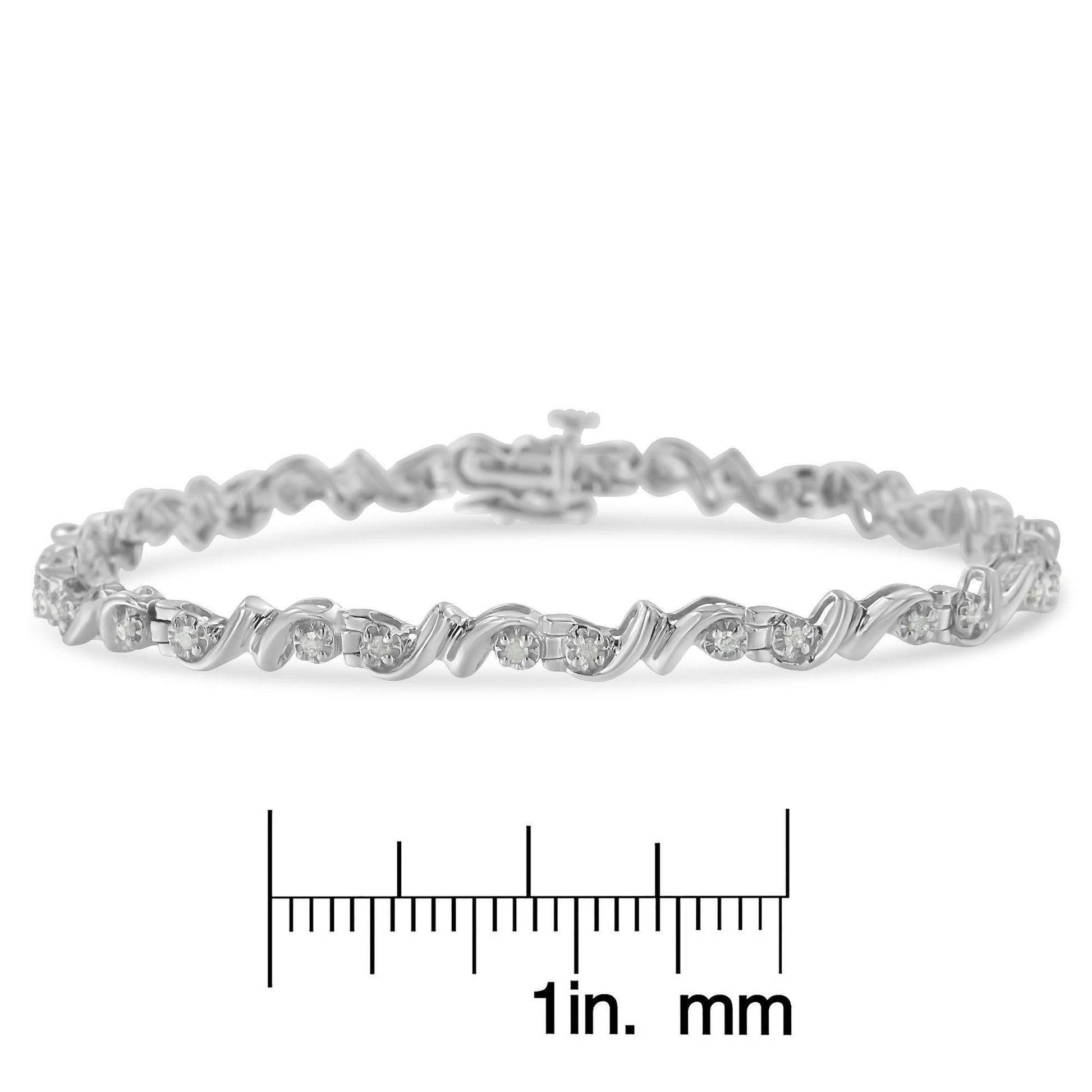 White metal bracelet with alternating twisted links and round white gemstones in miracle setting, shown in a front close-up shot on a ruler for size reference.