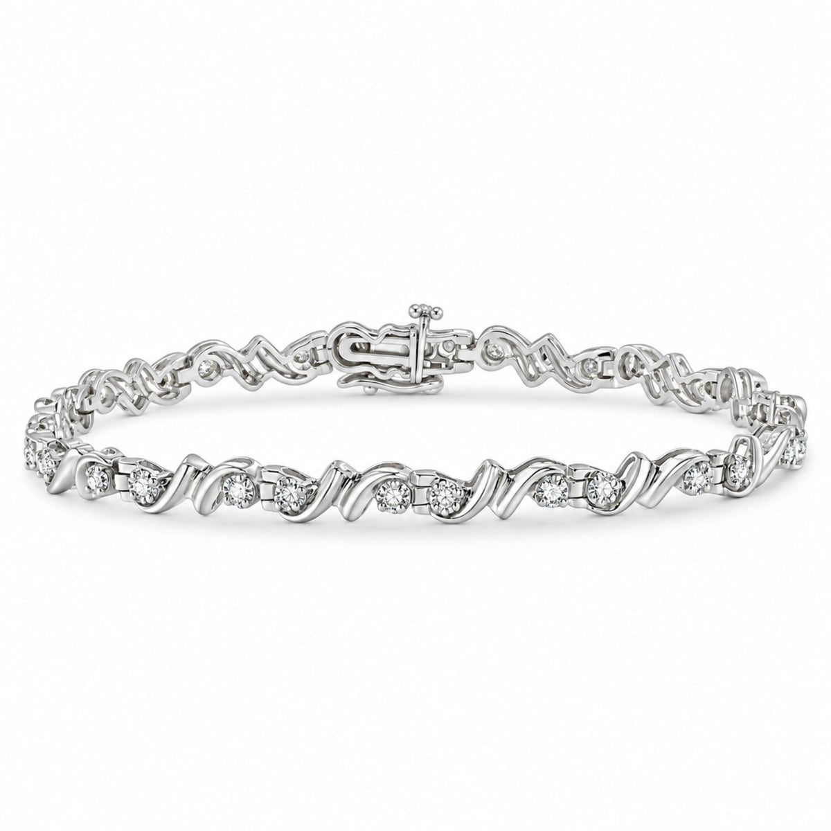 Bracelet de tennis en argent sterling 925 1/2 carat avec maillons double vague profilés en diamant de 17,8 cm (couleur IJ, clarté I3)