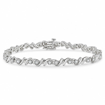 Bracelet de tennis en argent sterling 925 1/2 carat avec maillons double vague profilés en diamant de 17,8 cm (couleur IJ, clarté I3)