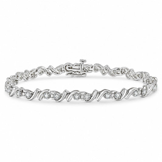 .925 Sterling Silver 1/2 Cttw Diamond Contoured Double Wave Link 7