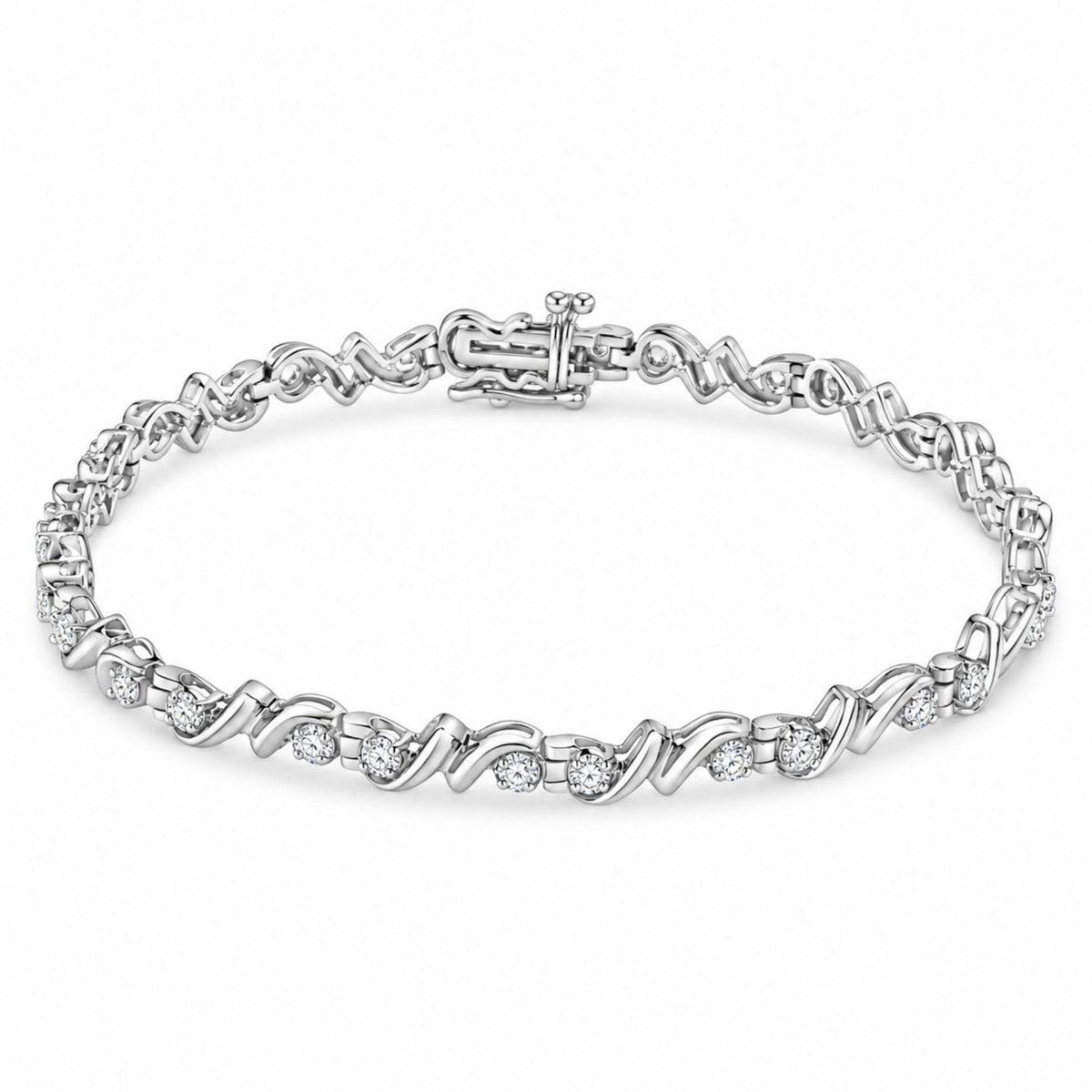 Bracelet de tennis en argent sterling 925 1/2 carat avec maillons double vague profilés en diamant de 17,8 cm (couleur IJ, clarté I3)