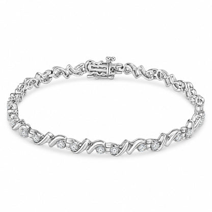 Bracelet de tennis en argent sterling 925 1/2 carat avec maillons double vague profilés en diamant de 17,8 cm (couleur IJ, clarté I3)