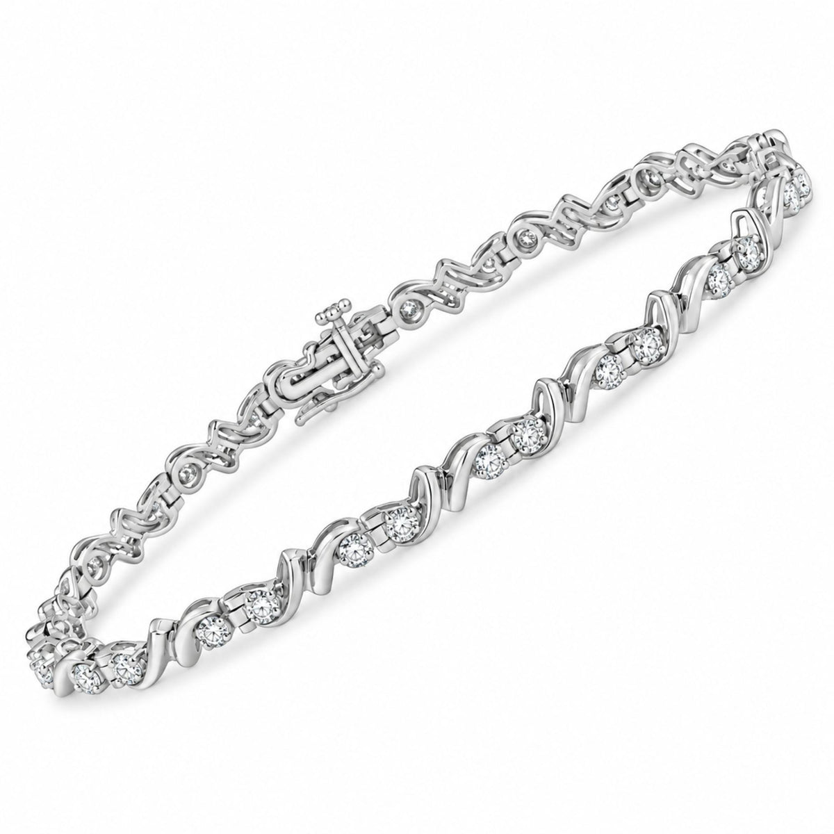 Bracelet de tennis en argent sterling 925 1/2 carat avec maillons double vague profilés en diamant de 17,8 cm (couleur IJ, clarté I3)