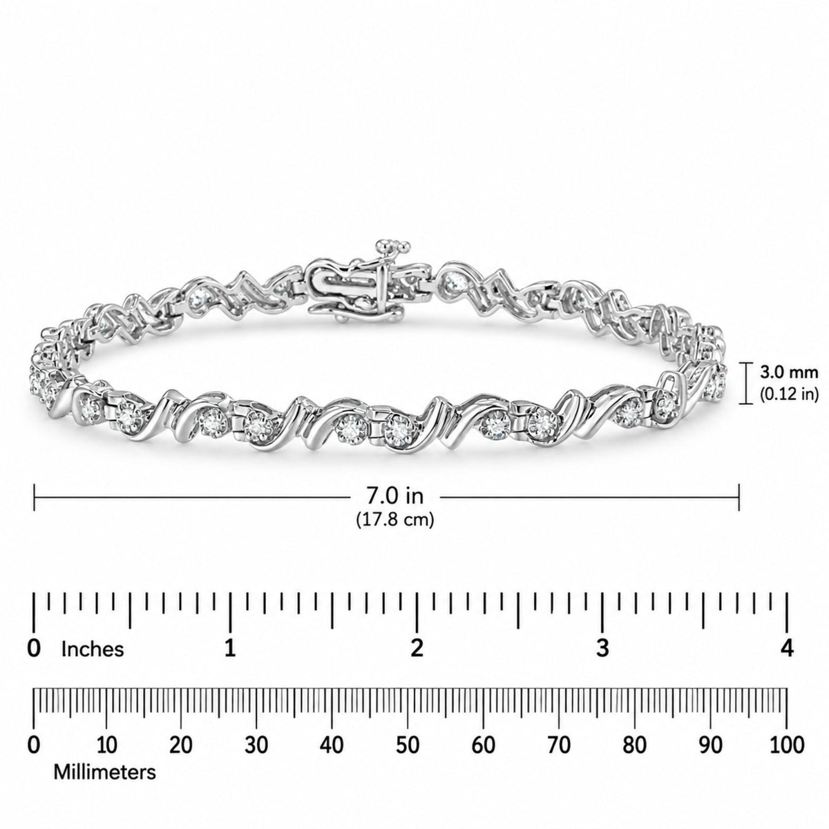 Bracelet de tennis en argent sterling 925 1/2 carat avec maillons double vague profilés en diamant de 17,8 cm (couleur IJ, clarté I3)