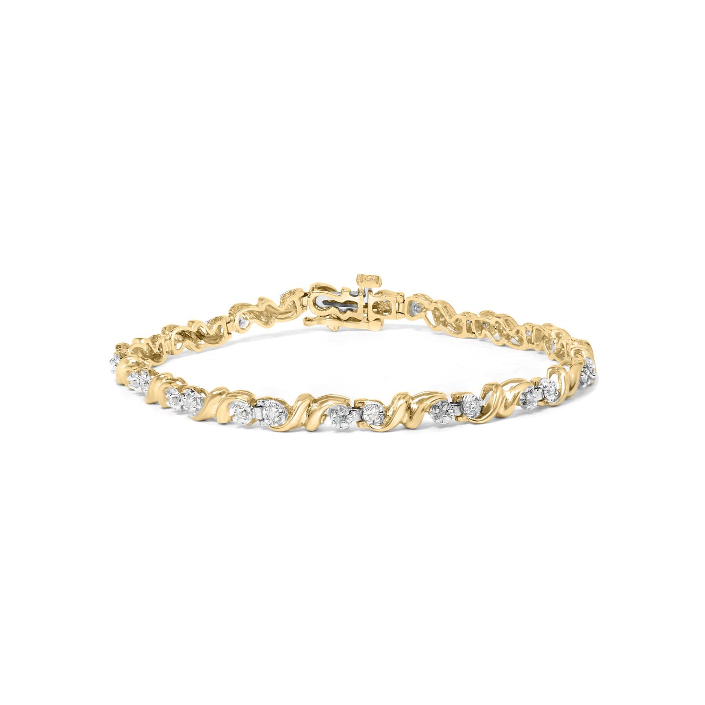 Yellow metal bracelet with round white gemstones in miracle setting, shown from front angle.