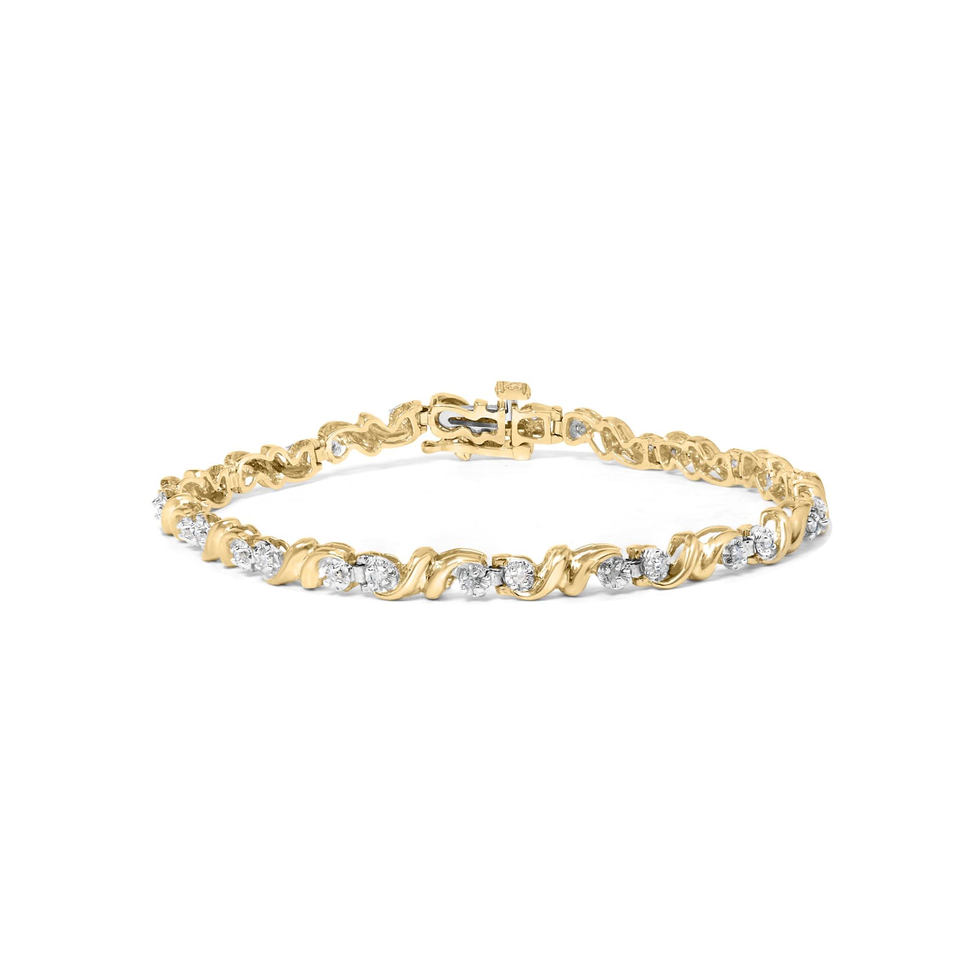 Yellow metal bracelet with round white gemstones in miracle setting, shown from front angle.