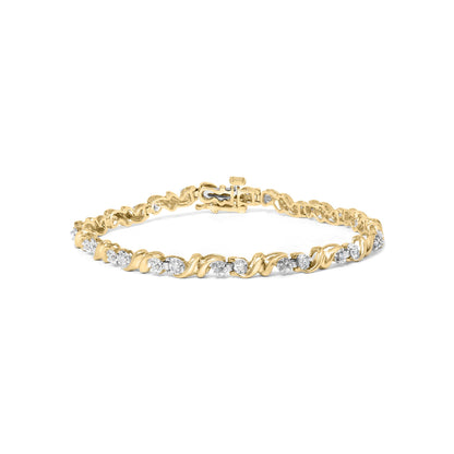 Yellow metal bracelet with round white gemstones in miracle setting, shown from front angle.