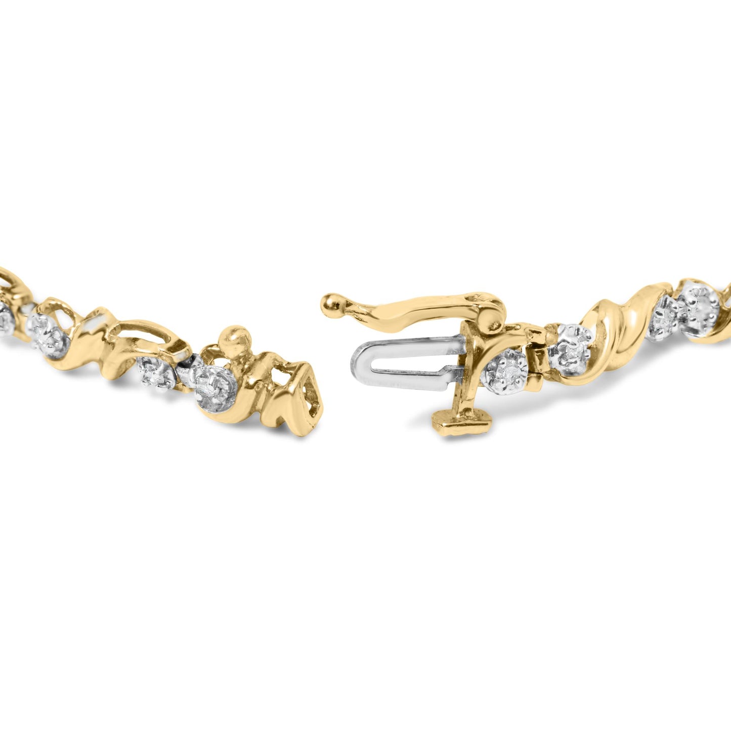 Close-up front angle of a yellow metal bracelet with round white gemstones in a miracle setting, showing the clasp open.