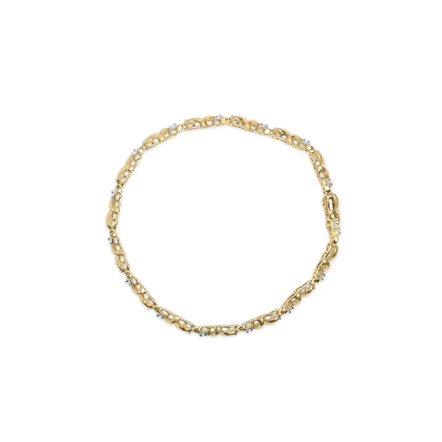 Top-down view of a yellow metal bracelet with round white gemstones set in a miracle setting along the links, displayed on a white background.