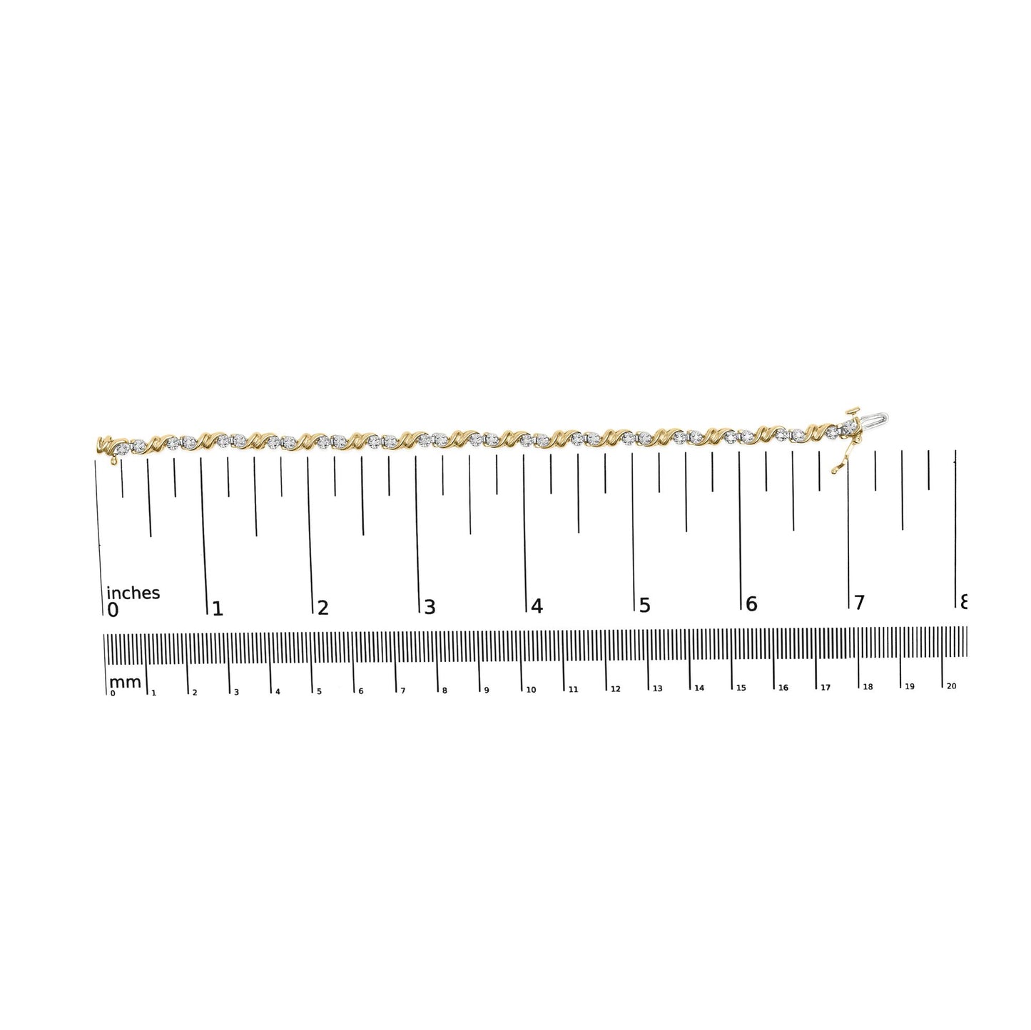 Yellow metal bracelet with alternating twisted links and round white gemstones in miracle setting, laid flat on a ruler for size reference, top-down angle.