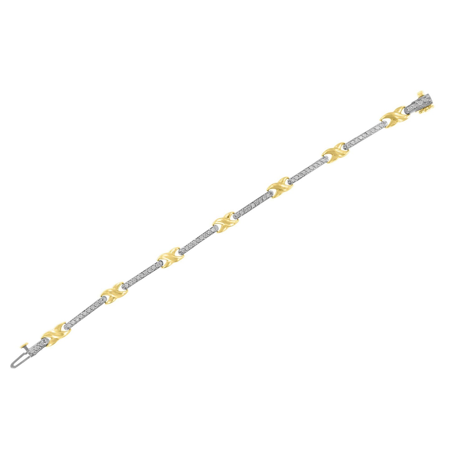 Straight angled shot of a yellow bracelet featuring alternating curved links and bars set with round white gemstones in prong settings.