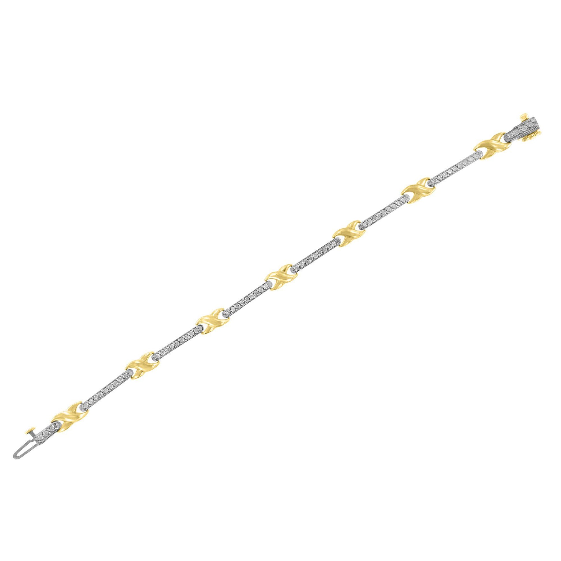 Straight angled shot of a yellow bracelet featuring alternating curved links and bars set with round white gemstones in prong settings.