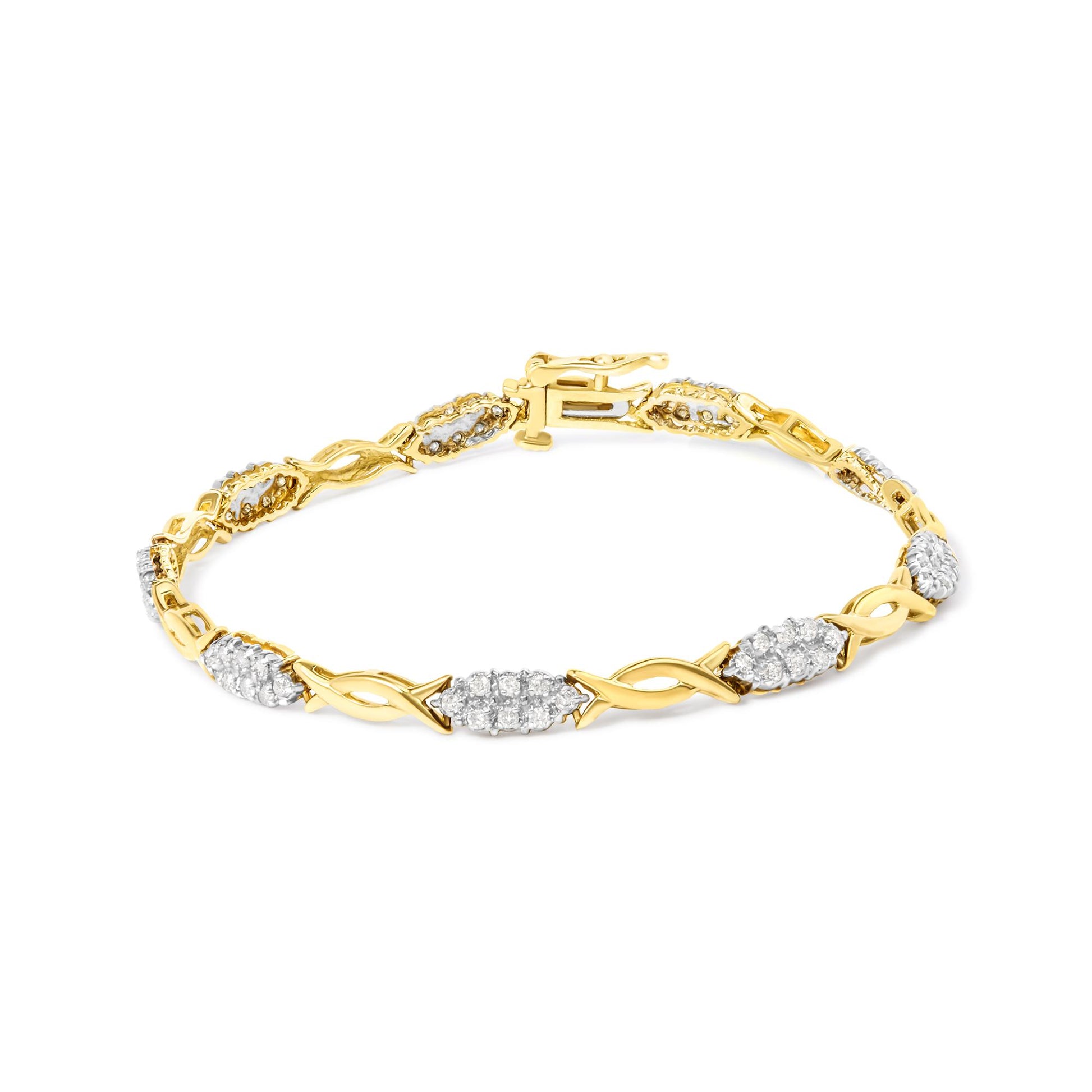 Yellow bracelet with alternating twisted links and clusters of white round gemstones in prong settings, shown from a slightly angled top view.