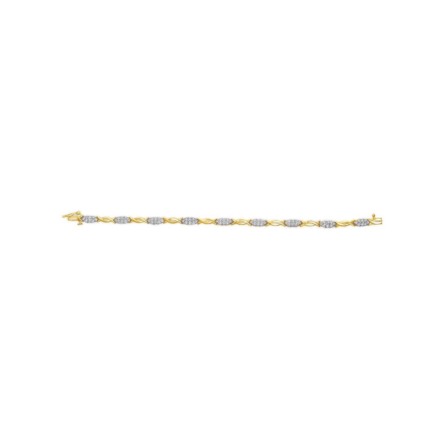 Yellow metal bracelet with alternating sections of round white gemstones set in prongs and twisted metal links, shown in a top-down view.