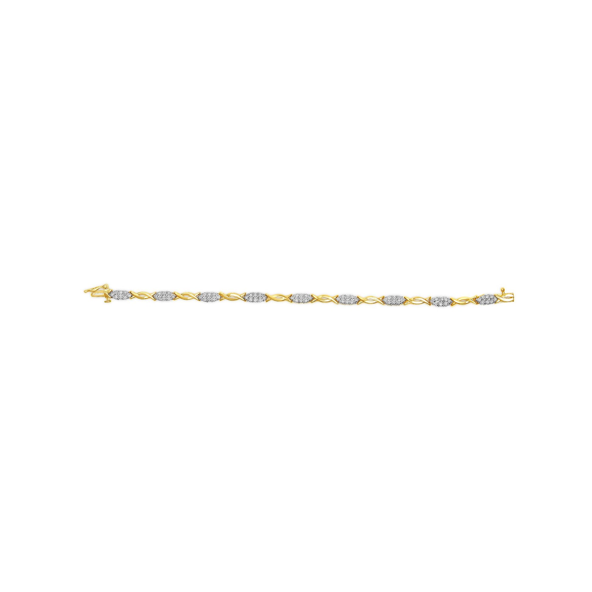 Yellow metal bracelet with alternating sections of round white gemstones set in prongs and twisted metal links, shown in a top-down view.