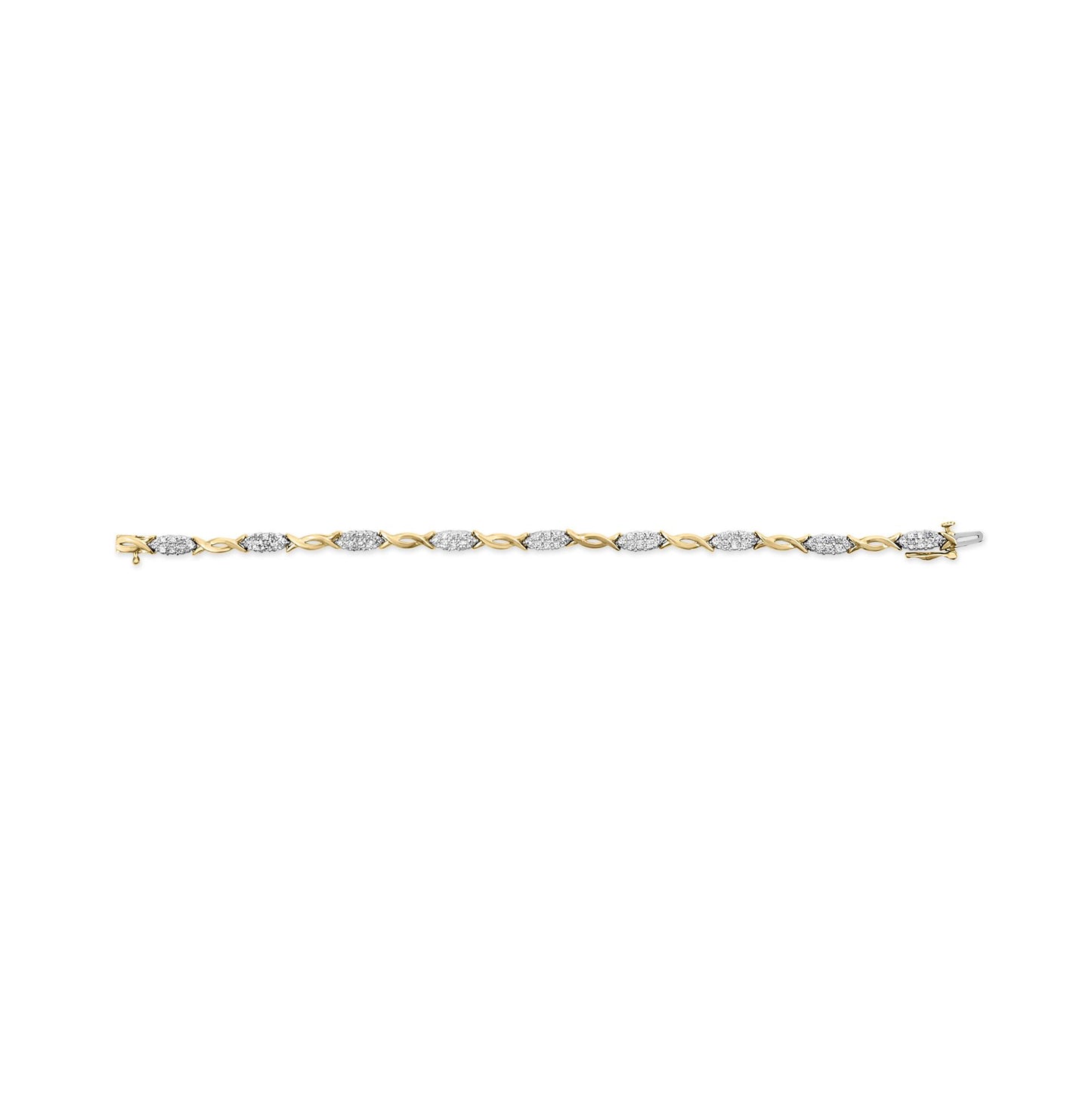 Yellow metal bracelet with alternating twisted links and oval-shaped sections set with clusters of white gemstones, shown in a top-down flat lay view.