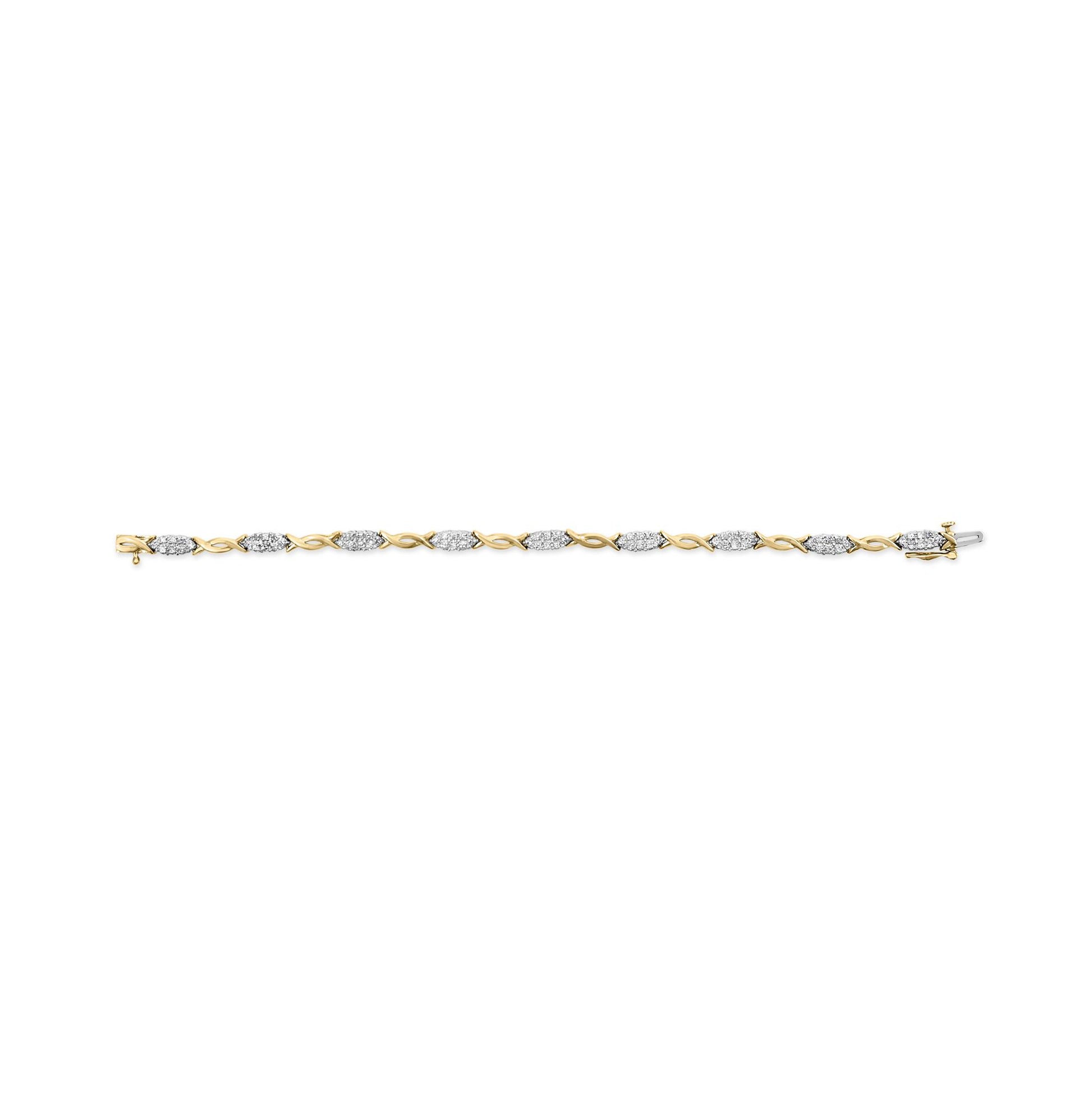 Yellow metal bracelet with alternating twisted links and oval-shaped sections set with clusters of white gemstones, shown in a top-down flat lay view.
