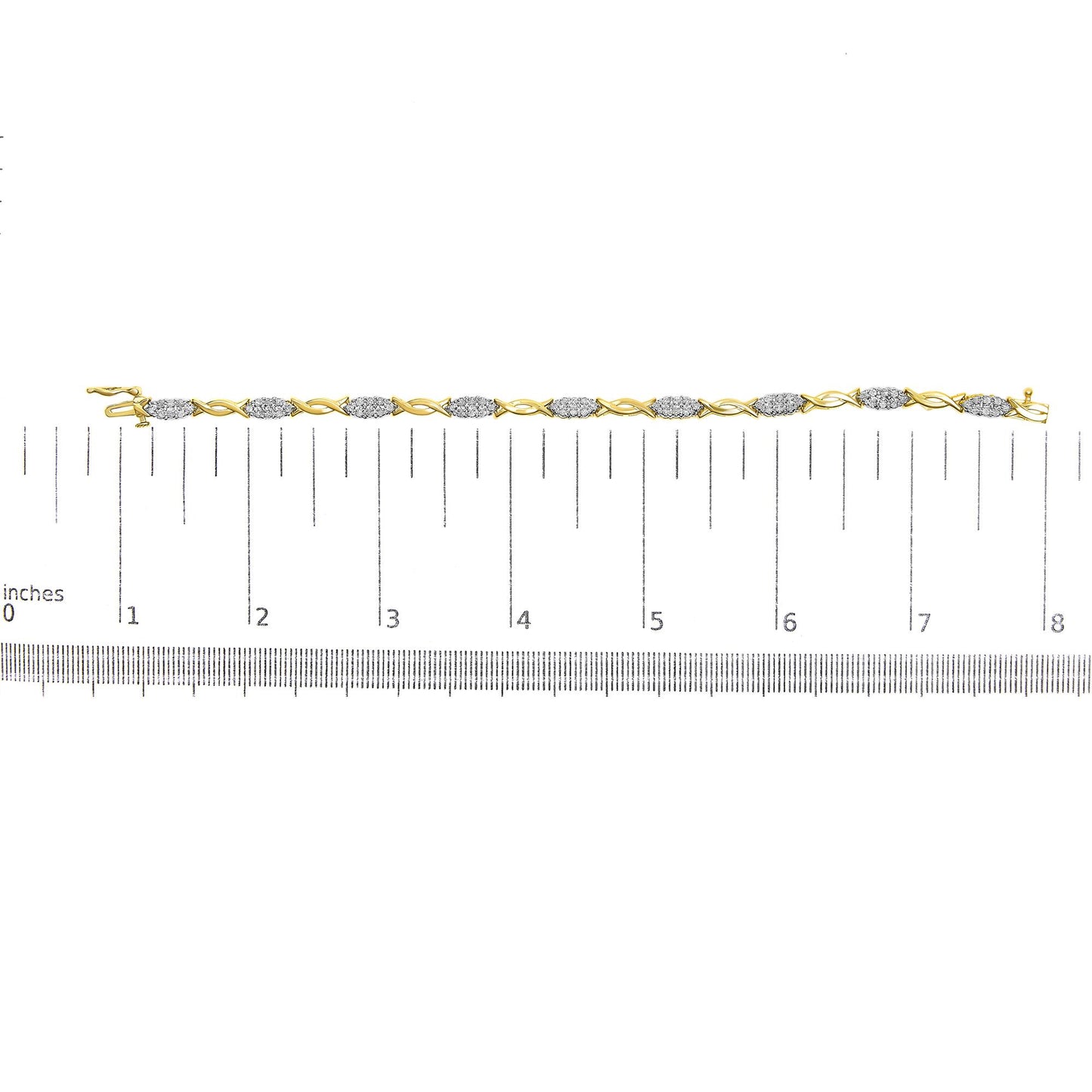 Yellow bracelet with alternating curved links and clusters of round white gemstones in prong settings, shown flat on a ruler for size reference, viewed from above.