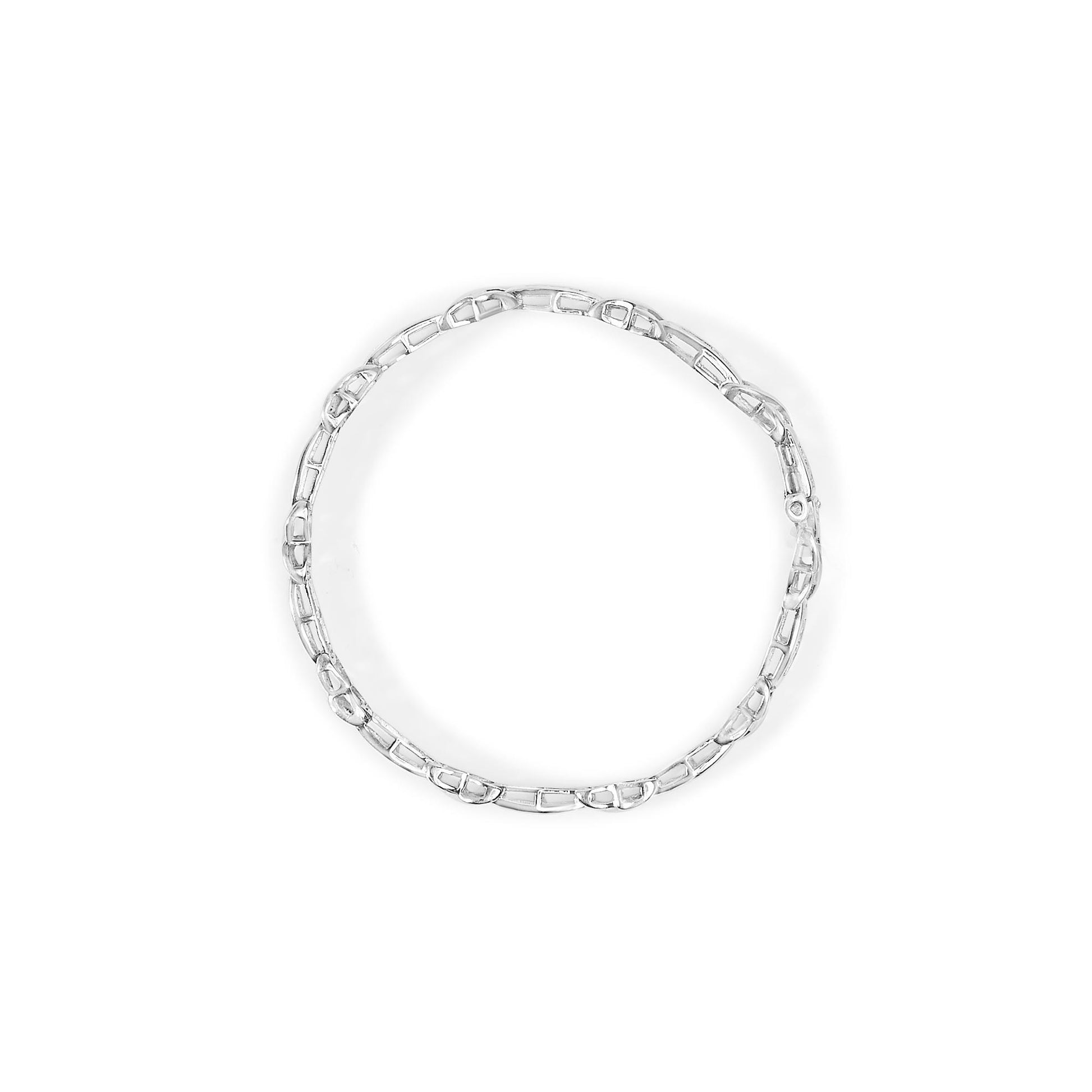 Top-down view of a white metal bracelet with princess-shaped white gemstones in an invisible setting forming a circular link design.