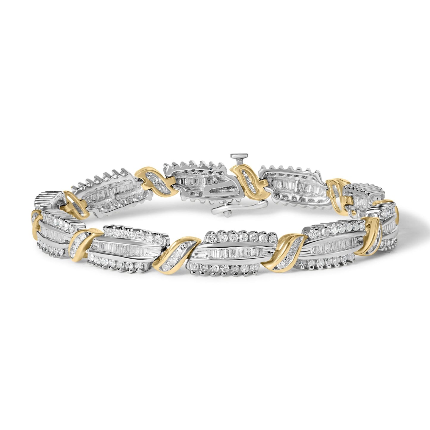 Close-up front angle of a yellow and white metal bracelet with alternating sections of round white gemstones in prong settings and baguette white gemstones in channel settings.