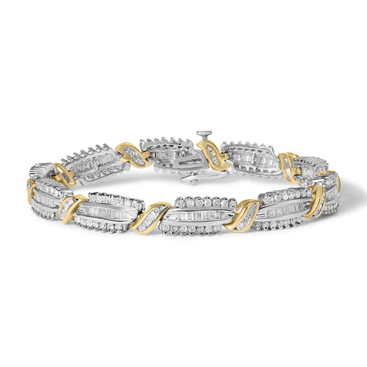 Close-up front angle of a yellow and white metal bracelet with alternating sections of round white gemstones in prong settings and baguette white gemstones in channel settings.
