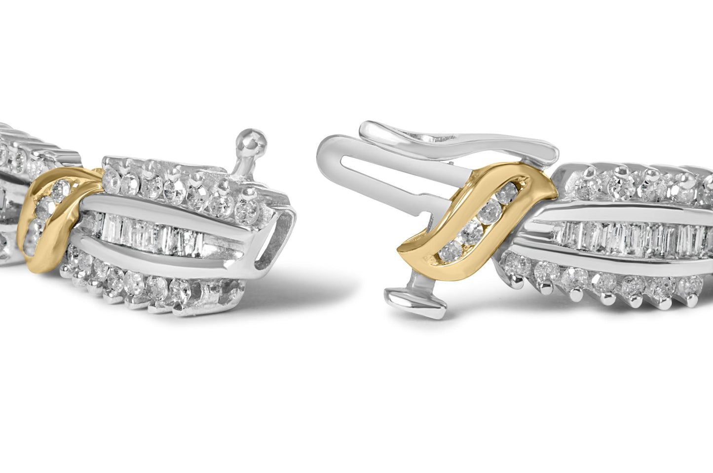 Close-up angle of a yellow and white metal bracelet clasp adorned with round white gemstones in prong settings and baguette white gemstones in channel settings.